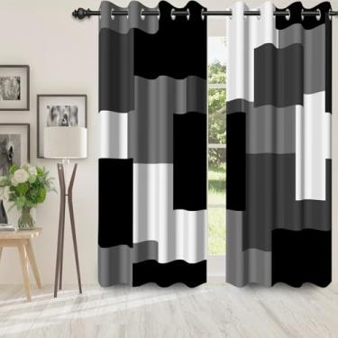 Imagem de Yanutan Cortinas blecaute modernas pretas e brancas para quarto/sala de estar, conjuntos de 2 painéis, cortina de janela blackout, figura geométrica simples e elegante com isolamento térmico, cortinas