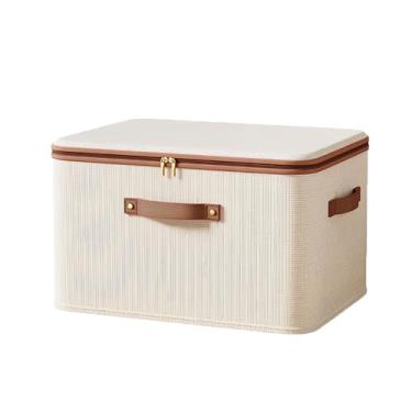 Imagem de Caixa Organizadora Pequena Dobrável com Zíper Duplo em Algodão-Linho Bege - Natural e Respirável para Roupas Íntimas e Acessórios