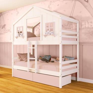 Imagem de Beliche Casinha dos Sonhos com 02 Gavetas Madeira Maciça Branco/ Rosa Megamobilia