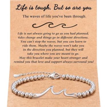 Imagem de LANWLOSI Pulseiras inspiradoras presentes para mulheres The Waves of Life We've Through Together Life Is Tough But So Are You Pulseiras motivacionais Get Well Soon Presentes de incentivo para amigos,