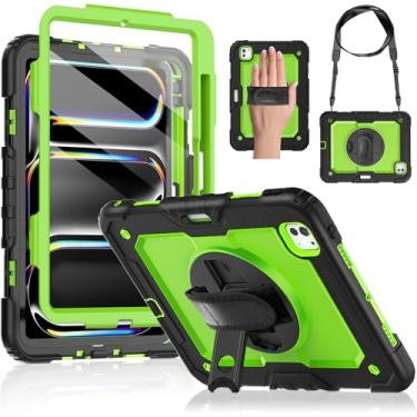 Imagem de DUNNO Capa para iPad Pro de 11 polegadas M4 2024 5ª geração, capa à prova de choque com protetor de tela, suporte para lápis, suporte giratório de 360°, alça ajustável de mão e ombro (verde)