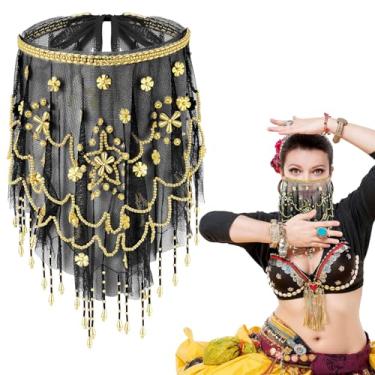 Imagem de Mepase Véu feminino de dança do ventre com miçangas e lantejoulas para fantasia de Halloween (Preto)