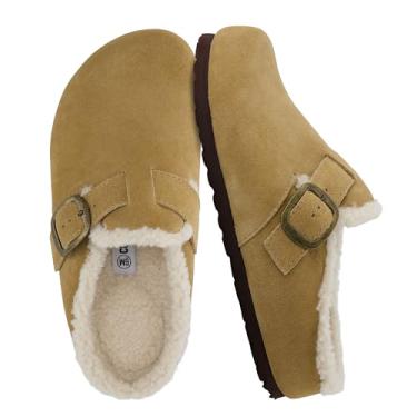 Imagem de CUSHIONAIRE Tamancos femininos de couro genuíno Haven – Sapatos femininos sem cadarço com forro de pele sintética com palmilha de cortiça e fivela ajustável, Arena, 40