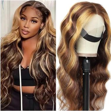 Imagem de Peruca de cabelo humano de cabelo humano 4/27 transparente colorido ondulado HD loiro mel 33x15 T-part cabelo humano densidade 180% para mulheres negras (61 cm, corpo)