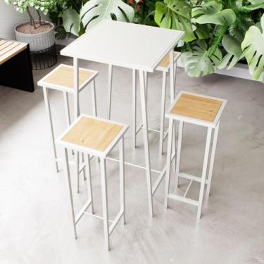 Imagem de Conjunto Mesa Alta Bar Bistrô Branca Alta 4 Bancos Pinus Botequim Indu