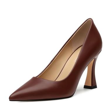 Imagem de AMBELIGHT Sapato feminino de bico fino, salto alto de 8 cm, clássico, confortável, para festa de casamento, escritório, trabalho, Marrom escuro, 40