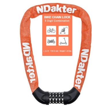 Imagem de NDakter Cadeado de corrente de bicicleta, combinação de 5 dígitos, trava de corrente de bicicleta resistente anti-roubo, trava de segurança reinicializável de 2,62/3,2/4,27/5/6 pés de comprimento para