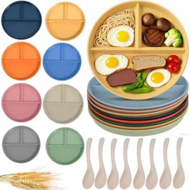 Imagem de LEFIMOT Pacote com 8 pratos divididos, placa de controle de porção inquebrável de 22 cm com divisórias, pratos de jantar com separador de alimentos de plástico com 8 colheres, compartimento leve