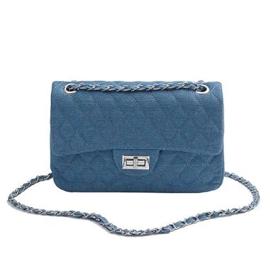 Imagem de Ansseng Bolsas transversais de brim acolchoadas para mulheres, bolsa clássica de aba média, bolsas jeans de ombro com alça de corrente, Azul, Small