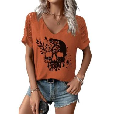 Imagem de Camisa feminina Earlymemb, caveira, decote em V, recortada no ombro fr
