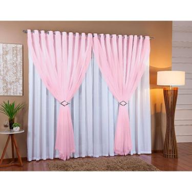 Imagem de Cortina Voil Forro Microfibra Sala 7,00X2,60 Branco/Rosa