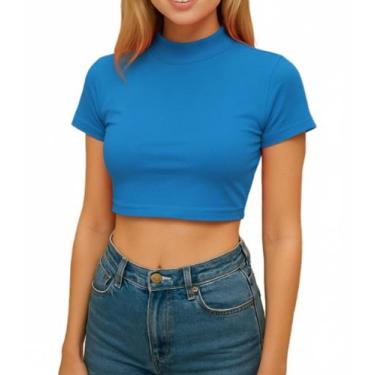 Imagem de Cropped Feminino Gola Alta Manga Curta - MARISLOIRO, Azul, P