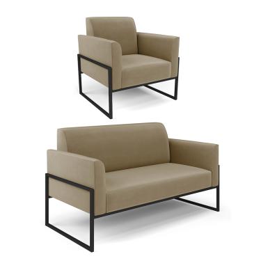 Imagem de Sofá Namoradeira com Poltrona Base Industrial Alta Preto Marisa Suede Marrom Rato D03 - D'Rossi