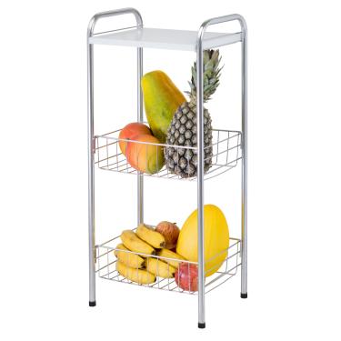 Imagem de Fruteira de Chão Dupla Cestos Cromado e Tampa de Madeira Organização Cozinha