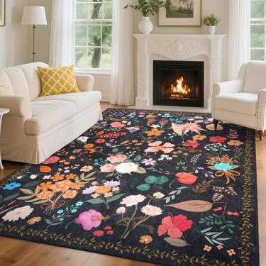 Imagem de Tapetes florais para sala de estar, 12 x 18 cm, lavável, boho, antiderrapante, resistente a manchas, floral, macio, para quarto, escritório, sala de jantar, sala de jogos infantil
