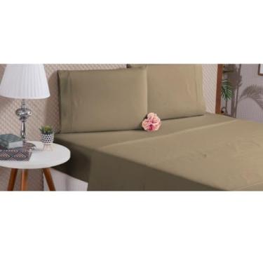 Imagem de Jogo de Lençol Percal 200 Fios 2 e 3 Peças Solteiro Casal Queen King Elástico Fronhas com Ponto Palito (Caqui, Casal)