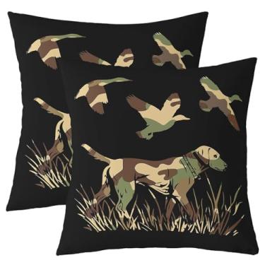 Imagem de Feelyou Capas de almofada Wild Duck Hunting 45,7 x 45,7 cm para meninos, adolescentes, crianças, preto, cão, caçador, verde caçador, camuflagem militar, tema de fazenda, fronhas para sofá-cama