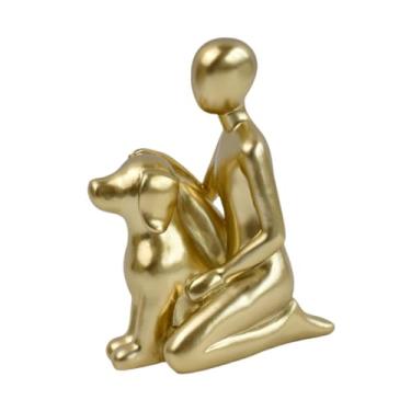 Imagem de Fenteer Ornamento de prateleira com estátua de homem com cachorro 10x6,5x13,3 cm para donos de animais de estimação, acessórios, presente bonito e, Dourado