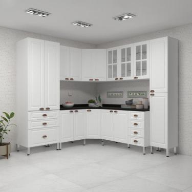 Imagem de Armário De Cozinha Completa 8 Peças Com Tampos E Vidro Cristal Luciane Móveis Branco Polar Com Branco Pet E Preto