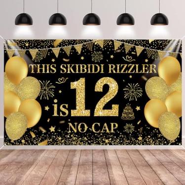 Imagem de SMENGGIL Black Gold This Skibidi Rizzler is 12 No Cap Happy Birthday Pano de Fundo Banner Fotografia Decorações de Fundo para Meninos Meninas 12º Ano Aniversário Acessórios de Festa Suprimentos 185 x
