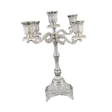 Imagem de Ｂｅｓｇａ Castiçal de 5 braços, peça central para velas, suporte para velas de mesa, ideal para Natal, Ano, hotéis e Halloween, Prata