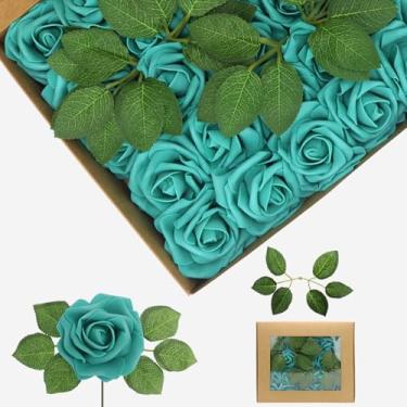 Imagem de YEHLIABO Flores artificiais de espuma de aparência real, conjunto de flores artificiais de rosa para casamento para buquês de casamento, decorações de arranjos de flores (verde-petróleo, 100)