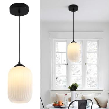 Imagem de Flyrose Luminária pendente cilíndrica moderna mini preto e branco luz pendente de vidro nervurado meados do século luz de teto montagem embutida casa de fazenda luminária pendente pendente