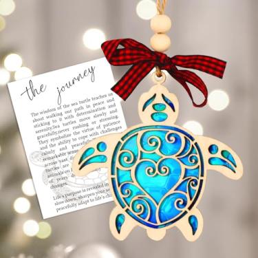Imagem de KOYILTD Ornamento de tartaruga marinha com cartão de história, presentes temáticos de praia para mulheres, presentes temáticos de praia para amizade, enfeites de praia para árvore de Natal, decoração
