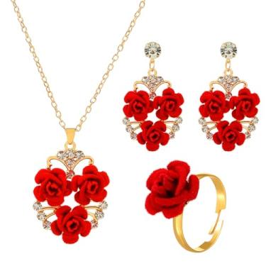 Imagem de QLUYCKW Conjunto de 3 peças de joias de rosa vermelha para mulheres, colar com pingente de flor de rosa delicada, vintage, pulseira de flor vermelha, brincos pendentes de casamento e dia dos namorados