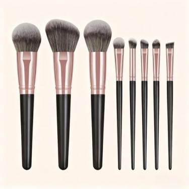 Imagem de Conjunto de 8 pincéis de maquiagem, cerdas sintéticas para blush, base e contorno dos olhos, macio e amigo da pele, fácil de limpar (preto)
