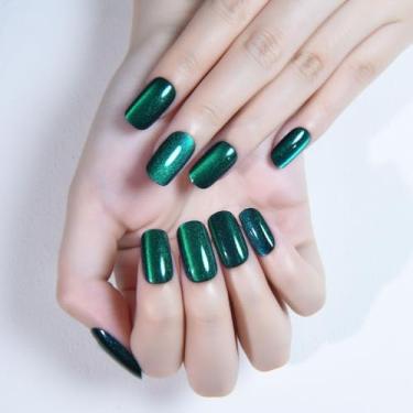 Imagem de Prensa olho de gato verde em unhas quadradas médias, cola de geleia quadrada média em unhas cromadas para presente feminino, glitter holográfico verde, brilhante, reutilizável, macia, gelatina, cola