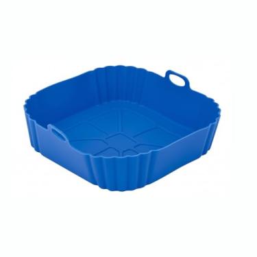 Imagem de Forma de Silicone Quadrada para Air Fryer, Azul, 21x21x5cm, Assadeira Multiuso para Fritadeira Elétrica, Bandeja com Alças