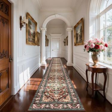 Imagem de U'Artlines Tapete de corredor boho de 9,5 x 50 m, enferrujado, antiderrapante, lavável, vintage, para cozinha, entrada, lavanderia e sala de estar (ferrugem e azul-petróleo)