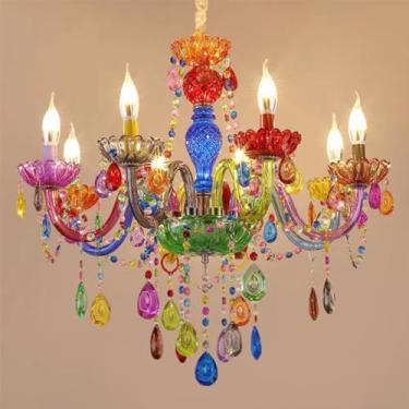 Imagem de Lustre contemporâneo de cristal colorido, estilo europeu, luxuoso, para sala de estar, restaurante, quarto, quarto infantil, quarto de menina, casa de campo, loja de roupas, salão de beleza,