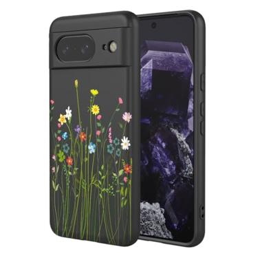 Imagem de OEURVQO Capa artística para Google 8, capa de silicone líquido de toque macio com forro fofo, compatível com carregamento sem fio, capa protetora para Google Pixel 8, flor silvestre preta