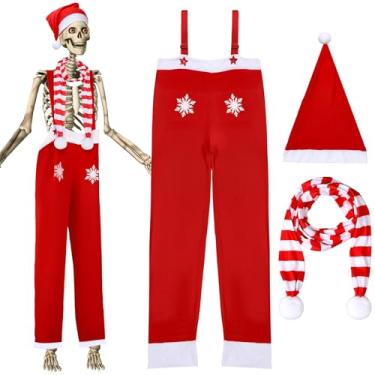 Imagem de Hollowfly Conjunto de 3 peças de fantasia de esqueleto de Natal de 3,6 m, acessórios de roupa gigante, inclui chapéu de Papai Noel, calças e cachecol para decoração ao ar livre, jardim de férias