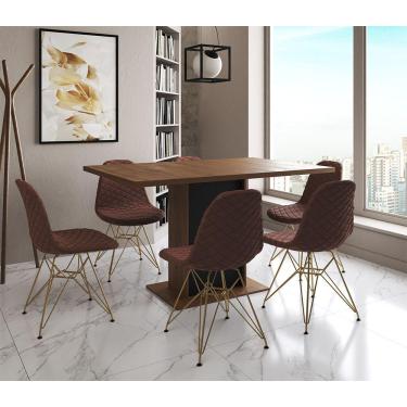 Imagem de Mesa Jantar Londres Retangular Amêndoa 137X90 Base Preta 6 Cadeiras Estofadas Caramelo Base Dourado