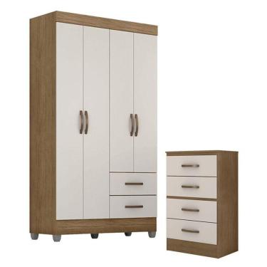 Imagem de Guarda Roupa Solteiro 4 Portas E Cômoda 4 Gavetas Lite Nature Off White - Móveis Leão