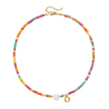 Imagem de Gargantilha feminina com contas de ouro 18 quilates - pingente de letra colorida de aço inoxidável impermeável - joia com pingente de alfabeto personalizado - Presente personalizado delicado para