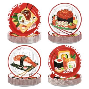 Imagem de 60 peças de pratos de papel de sushi, 23 cm, pratos descartáveis de festa de sushi japonês, decorações de festa de sushi, vermelho e branco, para crianças, tema de sushi, aniversário, chá de bebê