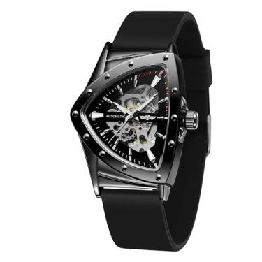 Imagem de WENFVVIN Relógio de pulso masculino à prova d'água esqueleto mecânico retrô triangular com pulseira de silicone (preto), Preto