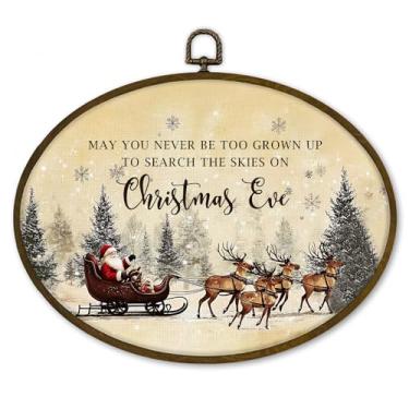 Imagem de nvucamd Decoração de parede oval de Natal vintage emoldurada, impressão em tela de rena de Papai Noel, arte de parede, que você nunca seja muito adulto para procurar os céus na véspera de Natal