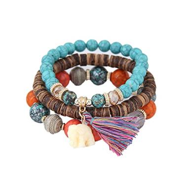Imagem de Caiyao Conjunto de pulseiras elásticas de madeira com contas de madeira empilháveis com pingente de elefante para mulheres, homens, meninas, meninos, adolescentes, multicamadas, multicamadas, resina
