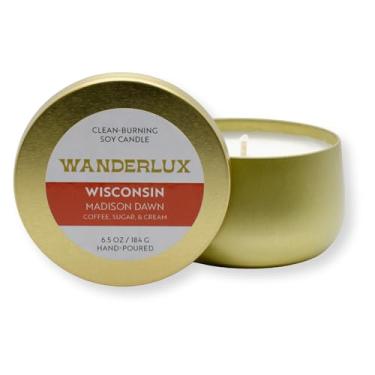 Imagem de Wanderlux Vela Madison Dawn – Coleção Wisconsin – derramada à mão nos EUA, creme de açúcar e café, lata de latão com tampa, 184 g
