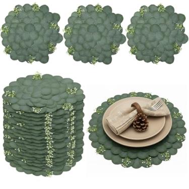 Imagem de Gandeer 12 peças de jogo americano artificial de folha de eucalipto de Natal branco e verde com frutas redondas vegetação jogo americano antiderrapante proteção contra o calor para decoração de mesa