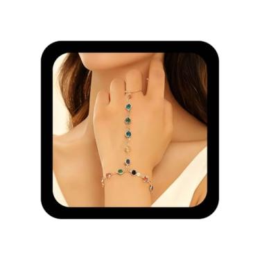 Imagem de Ximdble Pulseira de dedo de cristal colorida vintage com pedra preciosa escrava corrente de mão boho strass colorido pulseira de pulso multicores anel de dedo de cristal joia de mão para mulheres