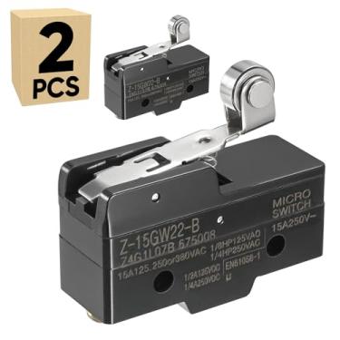 Imagem de Pacote com 2 microinterruptores de limite com alavanca de rolo de dobradiça 15A 250V 1NO 1NC Interruptor de ação básica montagem em painel terminal de parafuso tipo botão de pressão LXW5 Z-15GW22-B