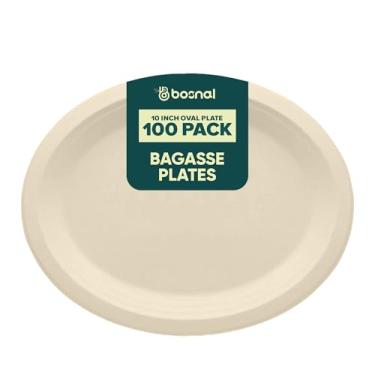Imagem de BOSNAL Pratos ovais compostáveis de 25 cm – pacote com 100, saco de cana 100% à base de plantas, pratos descartáveis ecológicos para alimentos quentes e frios, seguros para micro-ondas, compostável