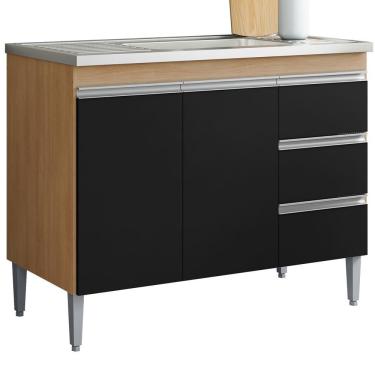 Imagem de Balcão Pia Sem Tampo 2 Portas 3 Gavetas 97 Cm Andreia Amendoa Preto Reajl Moveis