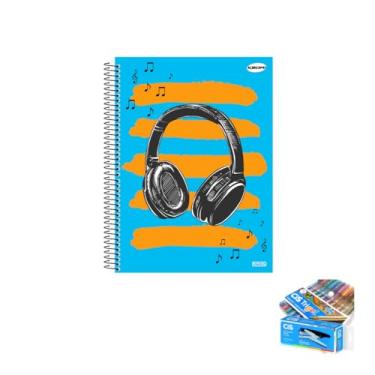 Imagem de Kit Caderno Masculino 10 Matérias Capa Dura 200 Folhas + Caneta Trigel Metálica + Grampeador Alicate